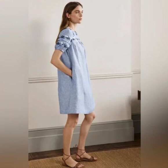 Boden 100% Linen Embroidered Puff Sleeve Dress - Picture 2 of 8
